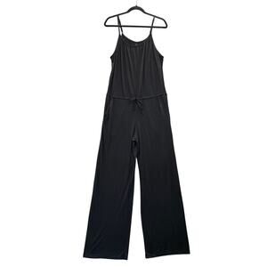 Becca Cozy Lounge Swim Coverup Wide Leg Jumpsuit M Black Drawstring Waist Sheer